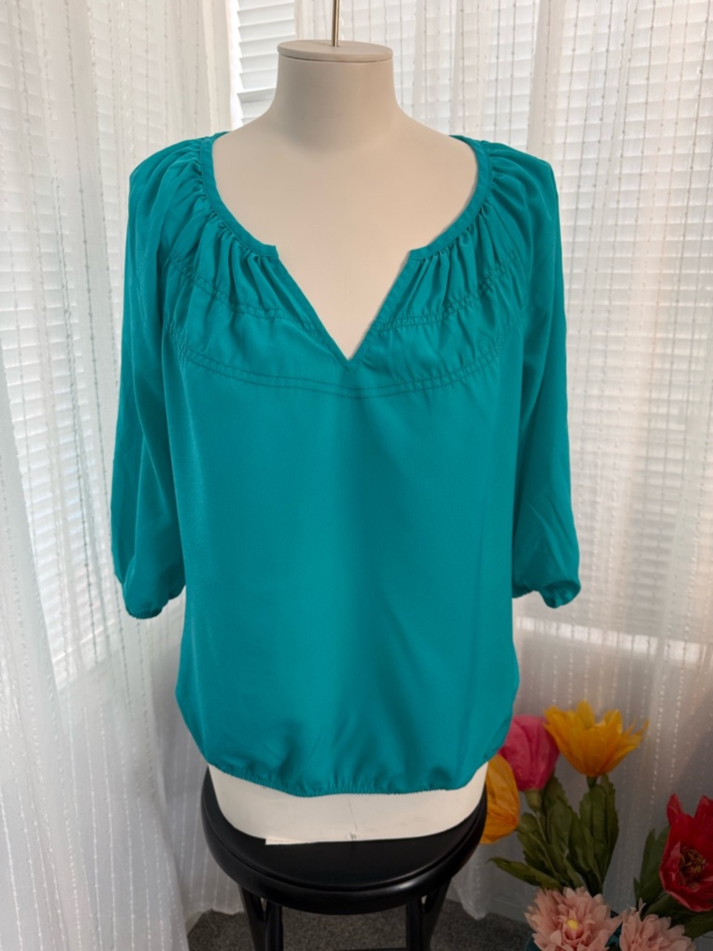 LOFT Teal Peasant V-Neck Blouse Size SP